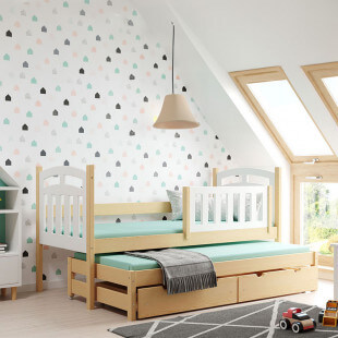 PILOU - Lit enfant gigogne blanc et pin style scandinave avec barrière amovible