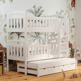 PILOU - Lit superposé 3 couchages blanc avec barrière amovible pour chambre enfant
