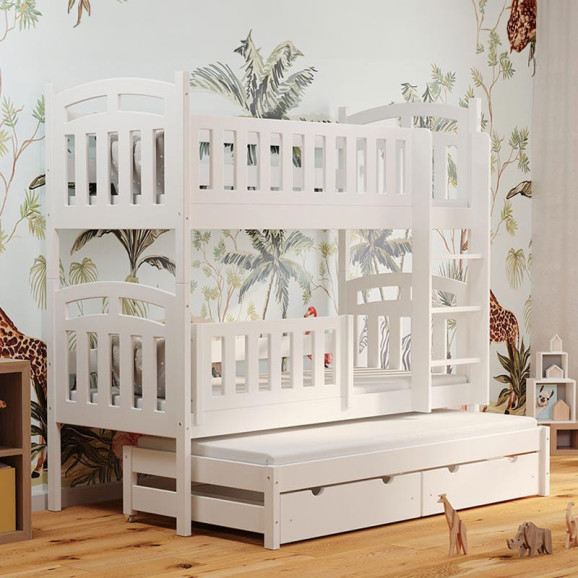 Lit superposé PILOU 3 ou 4 couchages blanc avec barrière amovible pour chambre enfant
