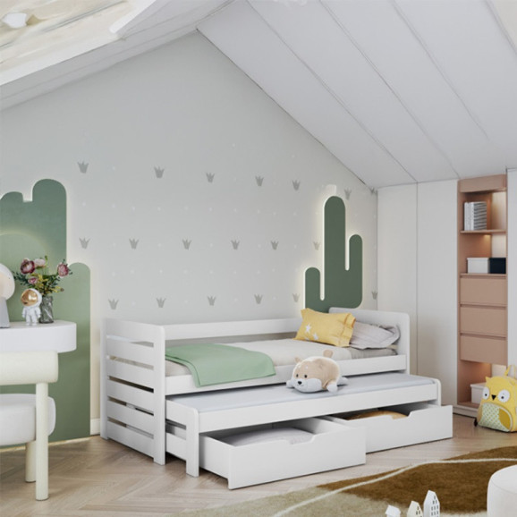 Lit gigogne pin massif couleur blanc pour enfant - Thomas