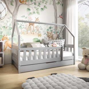 Lit Cabane gris avec tiroir