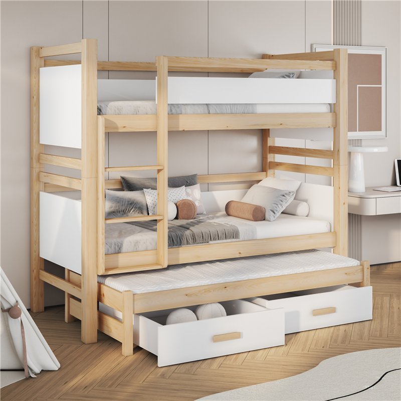 Lit superposé 3 personnes JANIS III Blanc et Pin