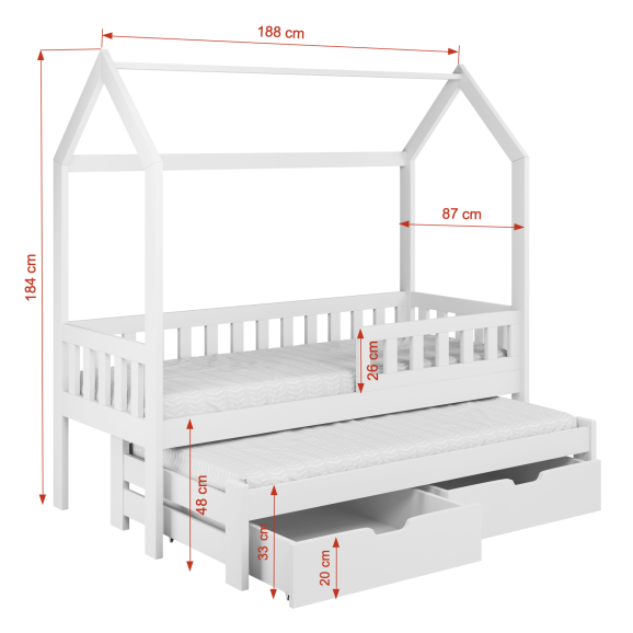 Lit gigogne cabane TYMON pour enfants, double couchage
