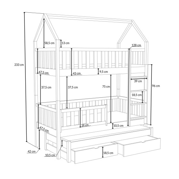 OTTIE - Lit cabane superposé trois couchages dimensions