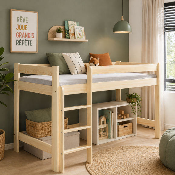 Lit mezzanine en pin massif personnalisable pour enfant - Laura