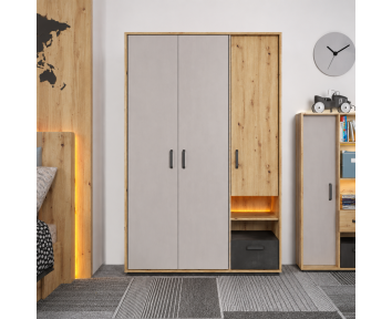 Armoire trois portes blanche et chêne avec éclairage LED