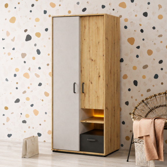 Armoire Qubic 2 portes blanc et bois avec LED élégantes