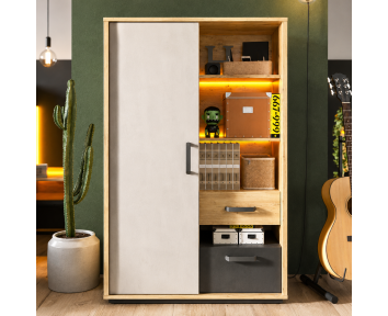Petite armoire blanc soie, chêne artisanal et acier brut
