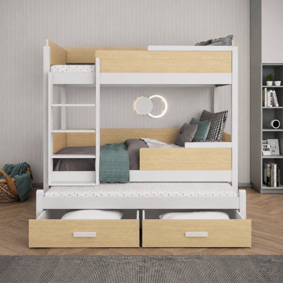 Lit superposé enfant Quatro chêne huilé et blanc