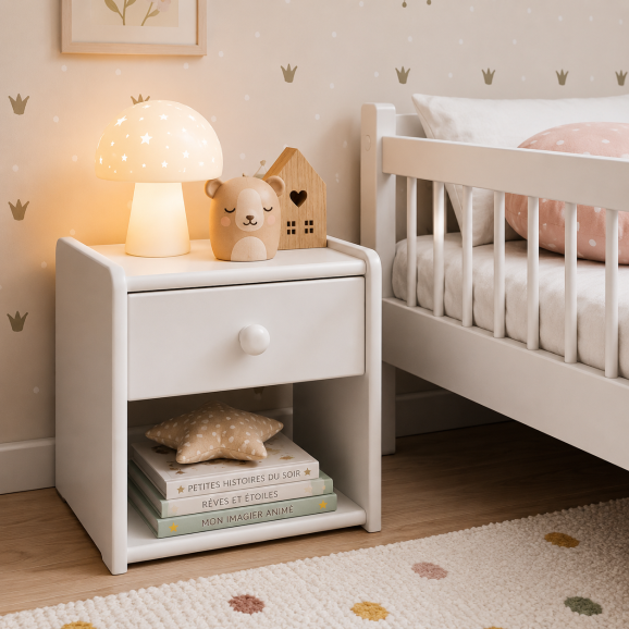 Table de nuit blanche pour chambre enfant avec tiroir
