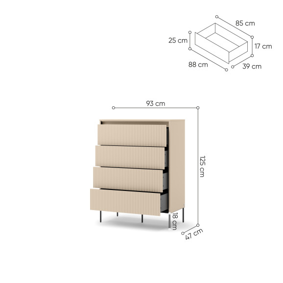 TALYA - Commode  beige sable avec 4 tiroirs pour la chambre adulte - dimensions