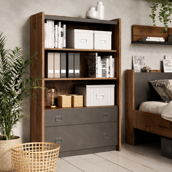 FARGO - Bibliothèque design métal et bois industriel pour chambre adolescent
