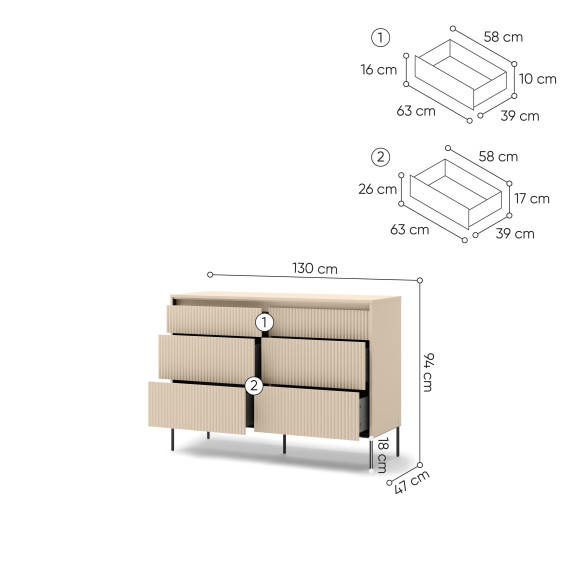 TALYA - Commode en 130 cm beige sable pour la chambre adulte, dimensions