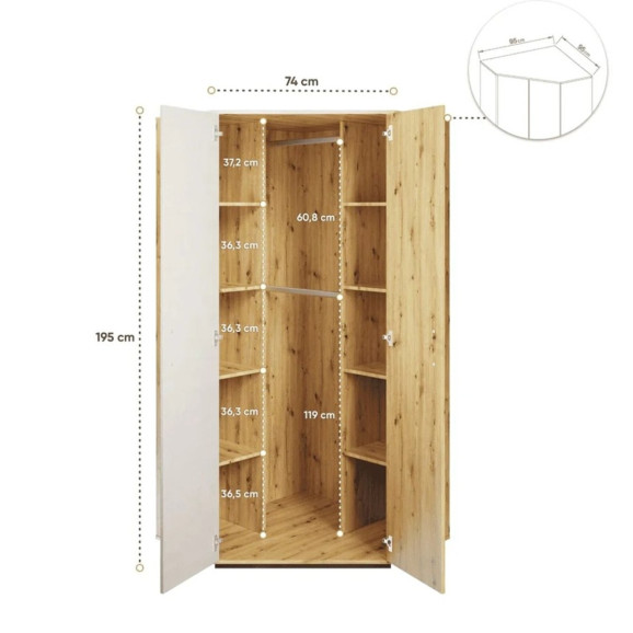 Armoire d'angle Qubic blanc et chêne pour chambre ado