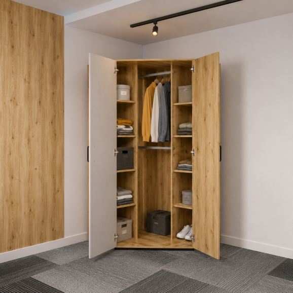 Armoire d'angle Qubic blanc et chêne pour chambre ado