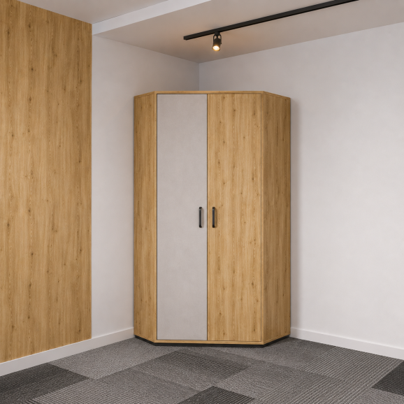 Armoire d'angle Qubic blanc et chêne pour chambre ado