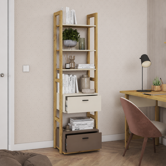 PETITE BIBLIOTHEQUE BEIGE ET TRUFFE AVEC TIROIRS - 51cm x 180 cm x 40 cm