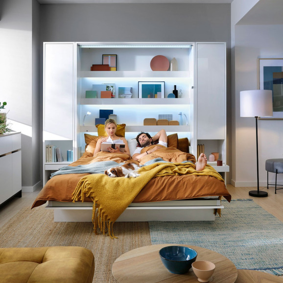 BED CONCEPT - Lit escamotable en blanc brillant vertical avec rangements intégrés