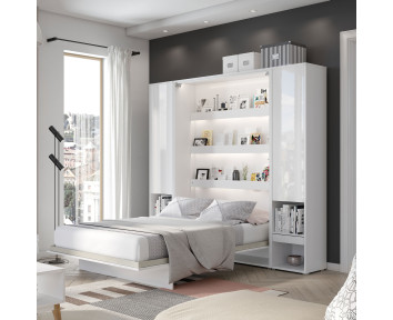 BED CONCEPT - Lit escamotable en blanc brillant vertical avec rangements intégrés