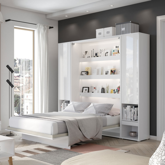 BED CONCEPT - Lit escamotable en blanc brillant vertical avec rangements intégrés