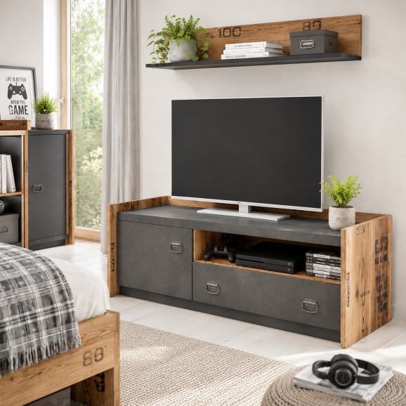 Meuble TV design métal et bois pour chambre ado style industriel