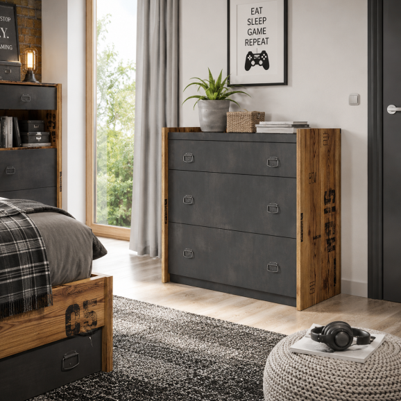 Commode 3 tiroirs pour chambre ado dans un style industriel