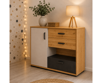 Qubic - Commode 3 tiroirs pour chambre ado Couleurs : blanc soie, chêne artisan et acier brut