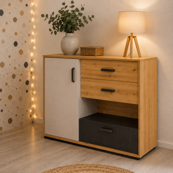 Qubic - Commode 3 tiroirs pour chambre ado Couleurs : blanc soie, chêne artisan et acier brut