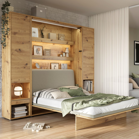 BED CONCEPT - Lit escamotable en chêne artisan vertical avec rangements intégrés
