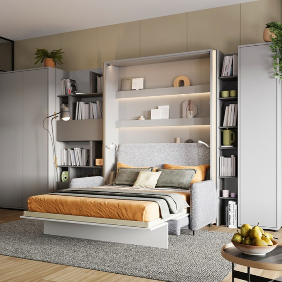 BED CONCEPT - Lit escamotable en gris vertical avec rangements intégrés