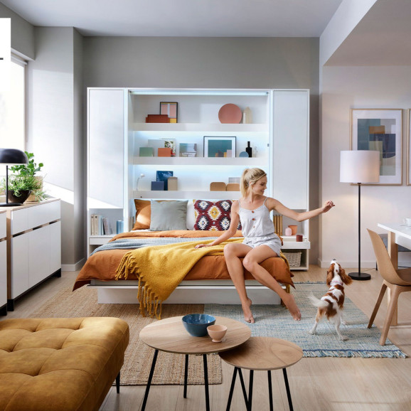 BED CONCEPT - Lit escamotable en blanc brillant vertical avec rangements intégrés