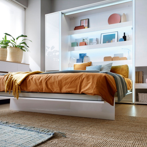 BED CONCEPT - Lit escamotable en blanc brillant vertical avec rangements intégrés